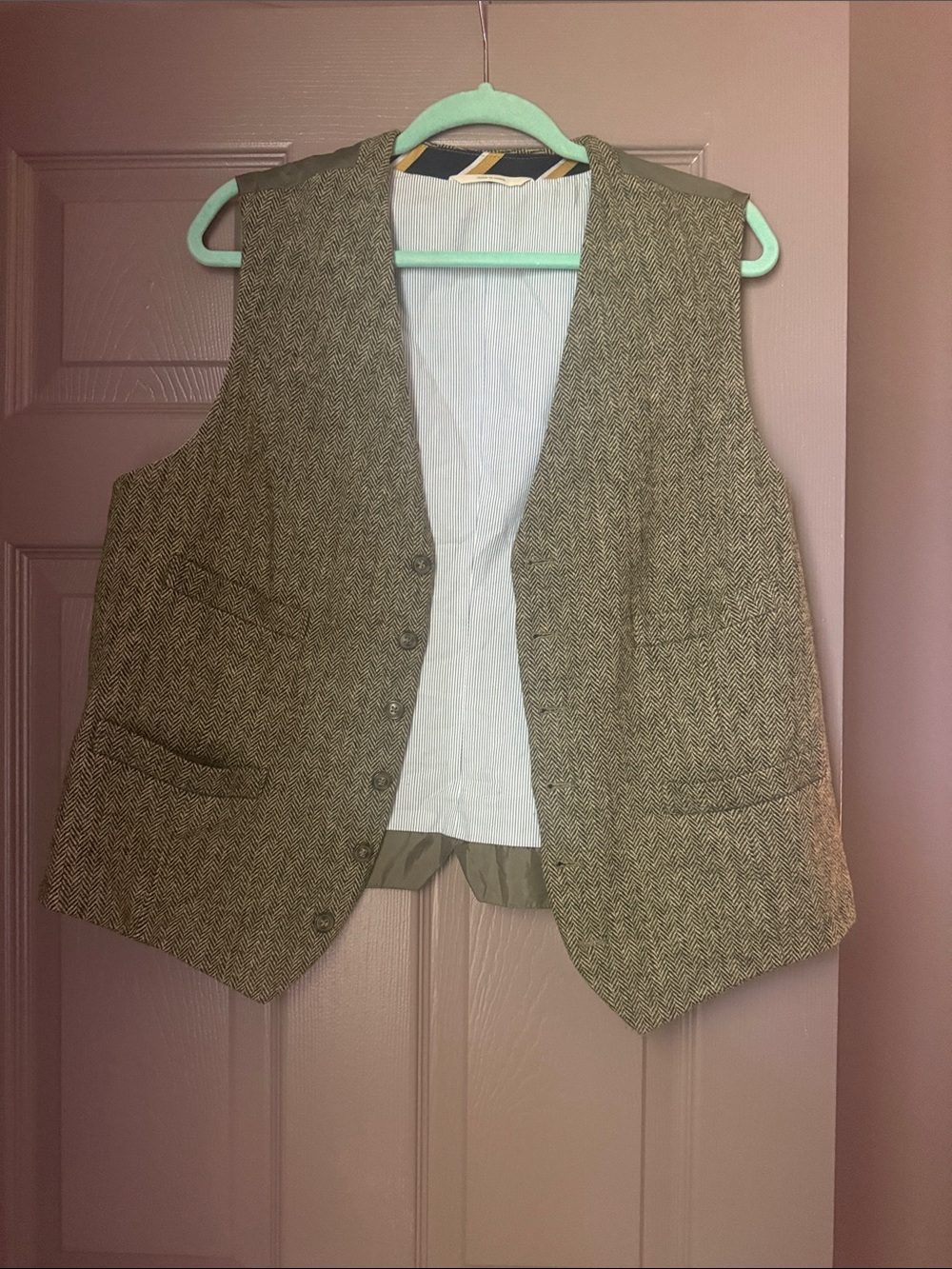 Vintage Herringbone Mens Vest in Olive Green